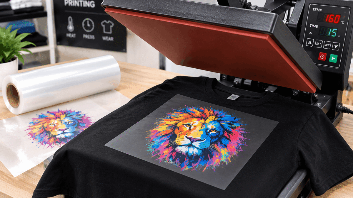Presse à chaud pour transfert DTF sur un T-shirt noir