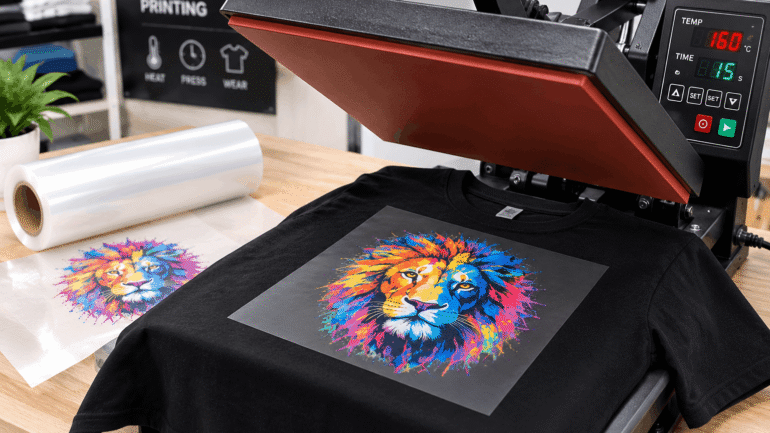 Presse à chaud pour transfert DTF sur un T-shirt noir