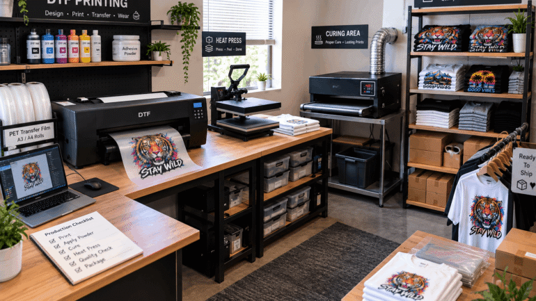 DTF printer for home business in a compact organized printing workspace