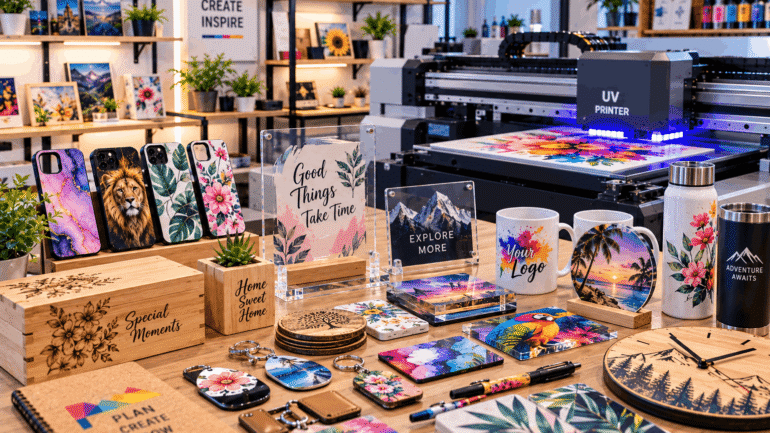 Produkte mit UV-Druck personalisieren in einer kleinen Werkstatt