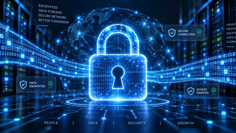 Digital security lock icon displayed over encrypted data streams and binary code