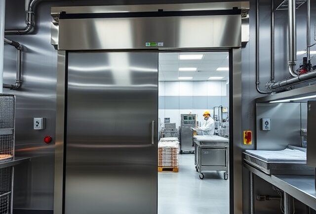 Food processing cold storage doors in a hygienic refrigerated facility