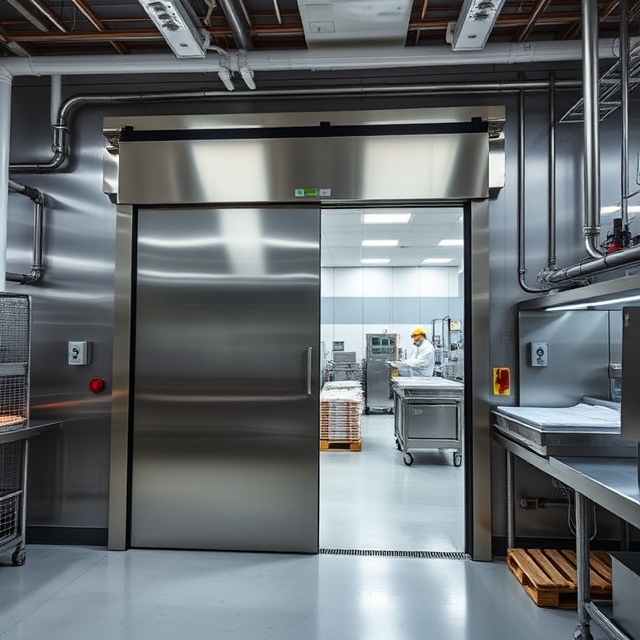 Food processing cold storage doors in a hygienic refrigerated facility