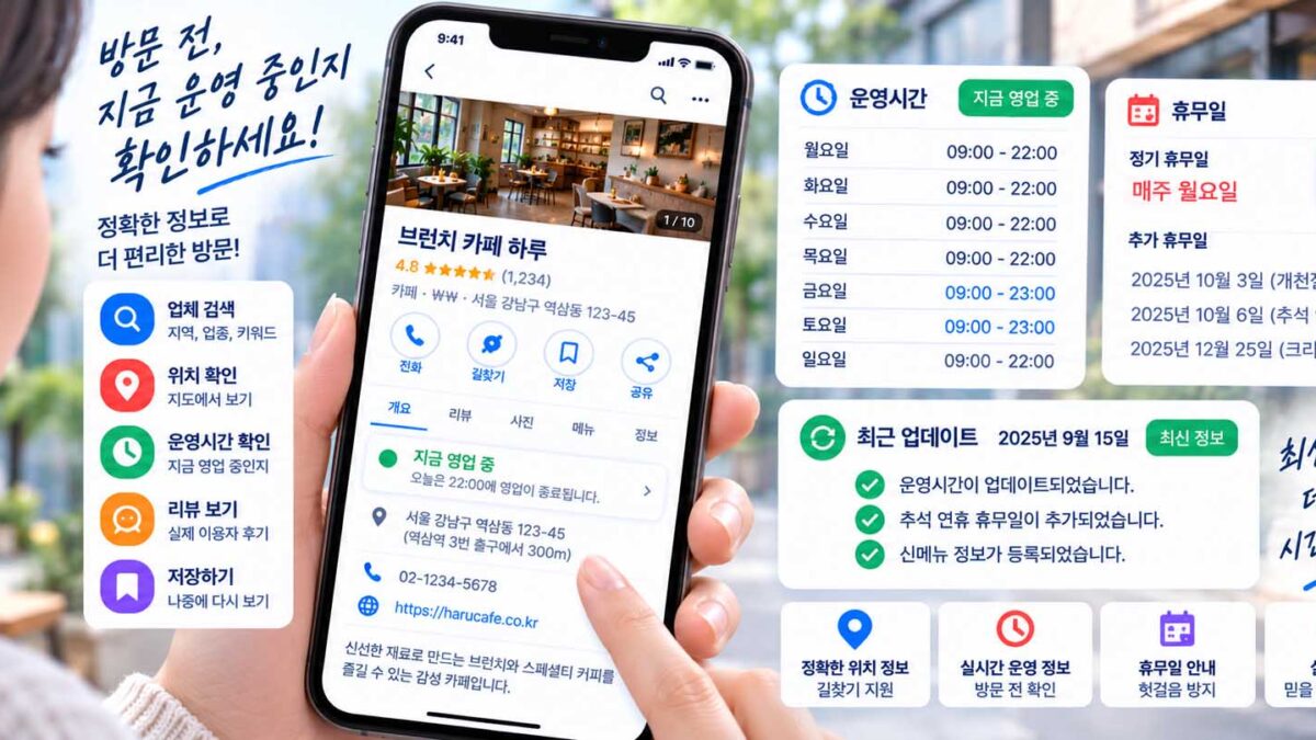 업체 운영시간 확인 플레이스에서 영업시간과 최신 운영 정보를 확인하는 화면