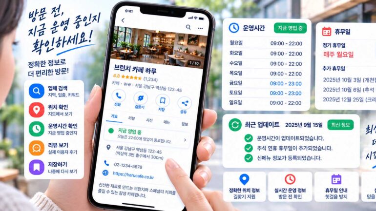 업체 운영시간 확인 플레이스에서 영업시간과 최신 운영 정보를 확인하는 화면