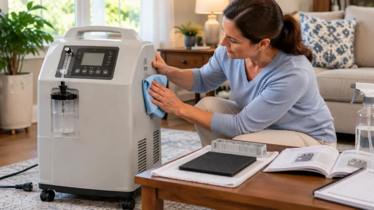 Home oxygen concentrator maintenance with a caregiver cleaning the exterior and checking a removable air filter.
