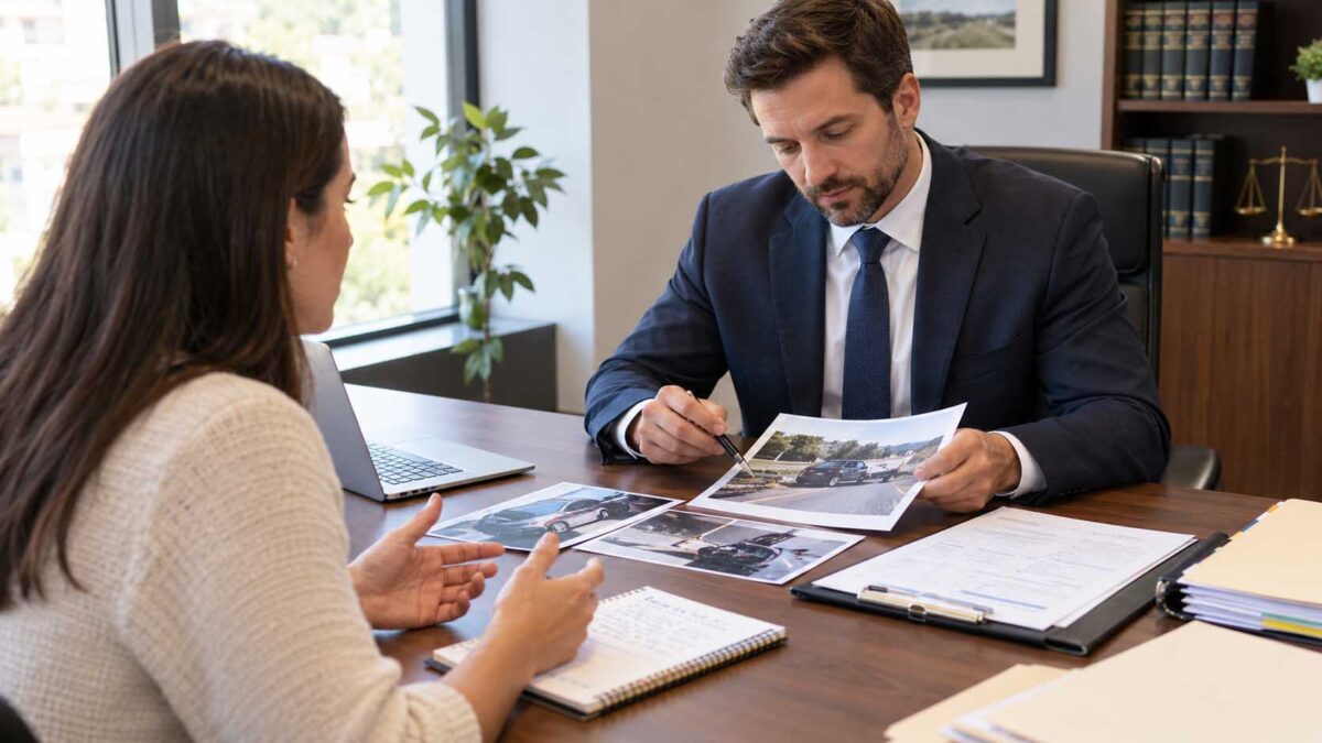 Attorney reviewing accident documents and discussing an initial case evaluation with a prospective legal client.